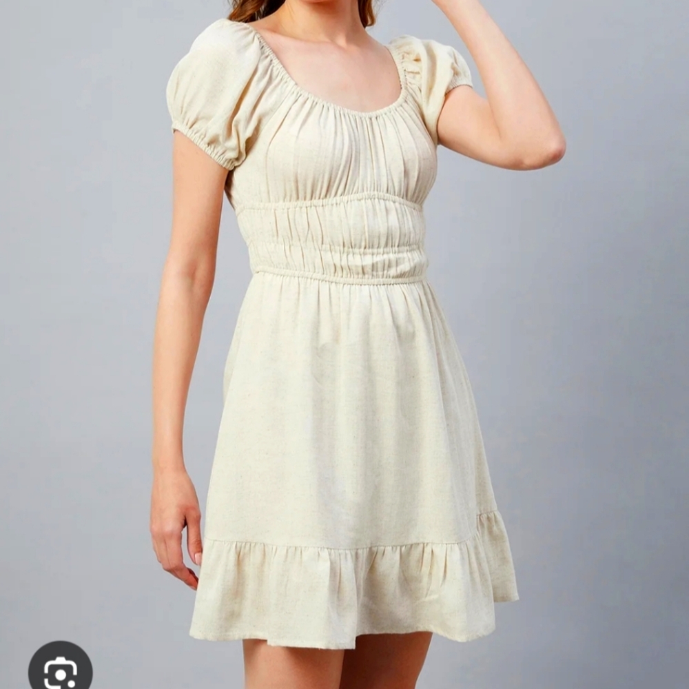 Sim & Sam Linen Blend Oatmeal Summer Cottage Coastal Mini Dress